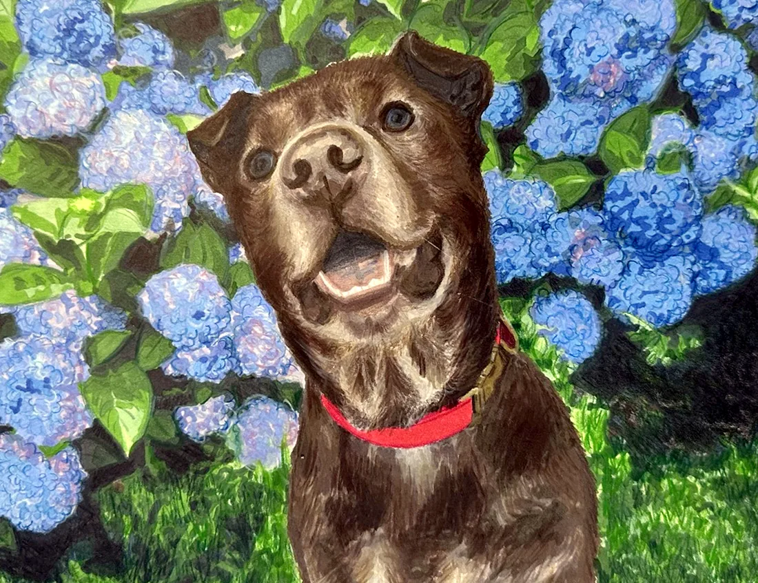 the same dog painted by hand from the custom hello paint kit