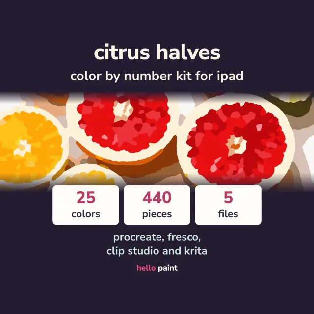 citrus halves procreate color by number kit on an ipad: the finished digital painting, the photo behind it, and the numbered line art layer