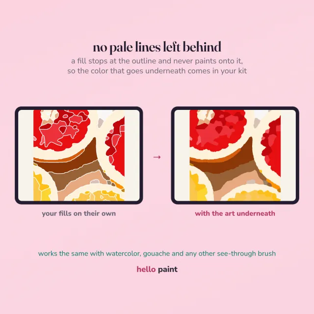 the citrus halves line art is drawn with hard edges so a color drop fills each shape and stops dead, leaving no white halo between the pieces