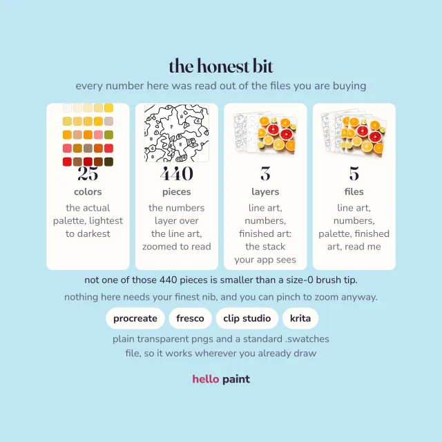 the honest numbers for the citrus halves procreate kit before you buy: 25 colors, 440 pieces, and a 2400 x 3000 canvas that paints 8 x 10 inches at 300 dpi