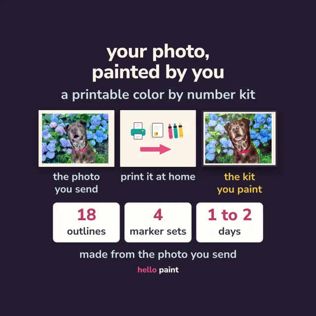 custom color by number kit made from your own photo, a printable pdf for alcohol markers and colored pencils, shown here as a pet portrait