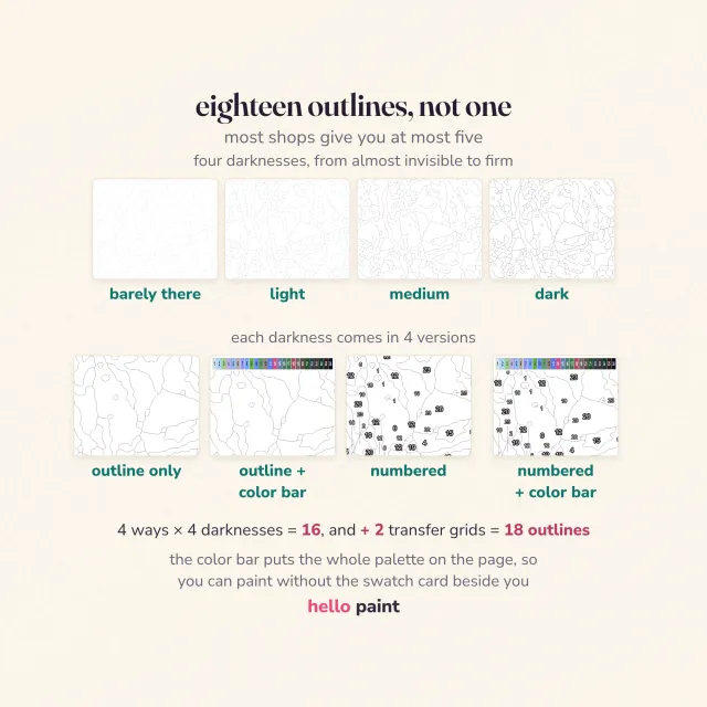 all eighteen outline pages of a custom color by number kit: four darknesses from barely there to dark, each plain or numbered, with or without the color bar, plus two transfer grids