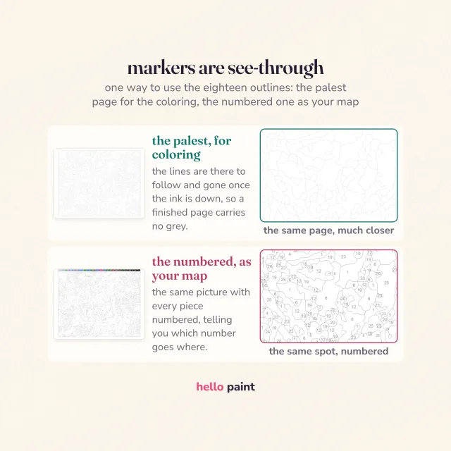 the outlines print pale grey because alcohol markers are see through: the same spot shown close up on the palest page and on the numbered map page