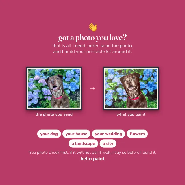 got a photo you love? send it and it becomes a custom color by number kit for the markers and pencils you already own