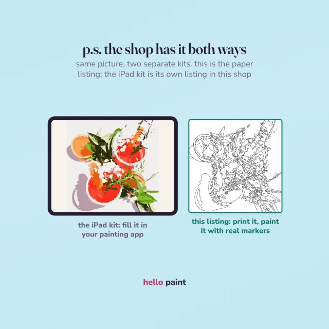 the same grapefruit cocktails picture two ways: the procreate version on an ipad beside this printable paper kit for markers, with the paper listing marked