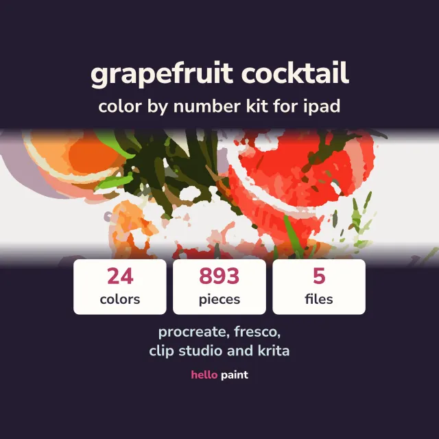 grapefruit cocktail procreate color by number kit on an ipad: the finished digital painting, the photo behind it, and the numbered line art layer