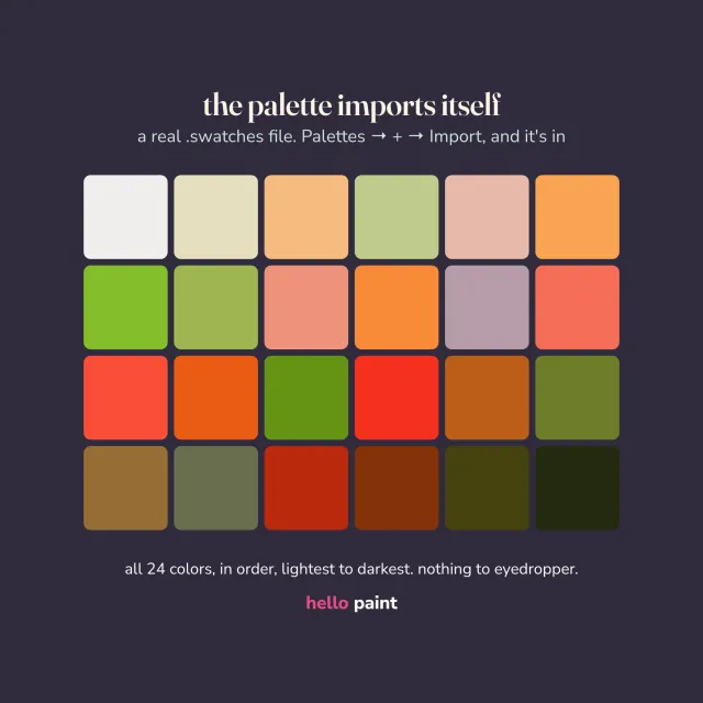 the procreate color palette that loads with the grapefruit cocktail kit: all 24 colors in painting order, ready to tap on your ipad