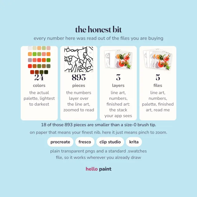 the honest numbers for the grapefruit cocktail procreate kit before you buy: 24 colors, 893 pieces, and a 2400 x 3000 canvas that paints 8 x 10 inches at 300 dpi