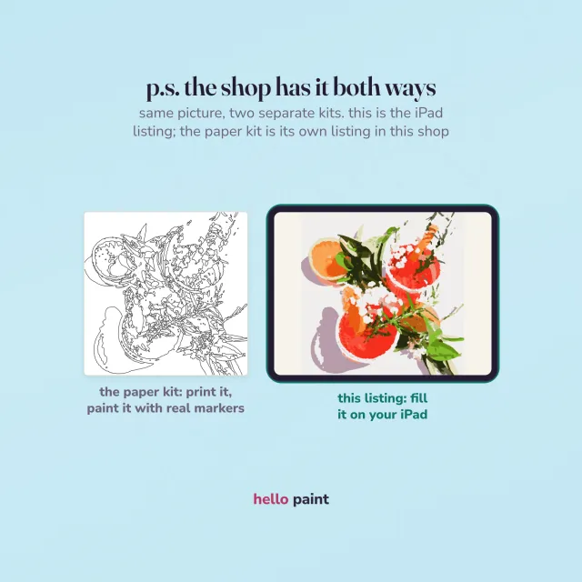 the same grapefruit cocktail picture two ways: this ipad procreate kit beside the printable paper version for alcohol markers, with the ipad listing marked