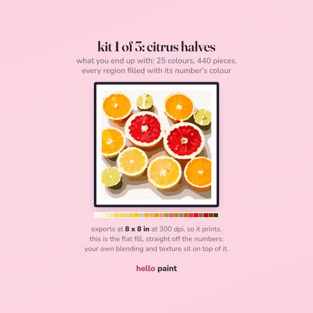the finished citrus halves digital painting, kit one of the fruit trio: oranges, pink grapefruit, lemons and limes from above, 25 colors and 440 pieces filled on an ipad