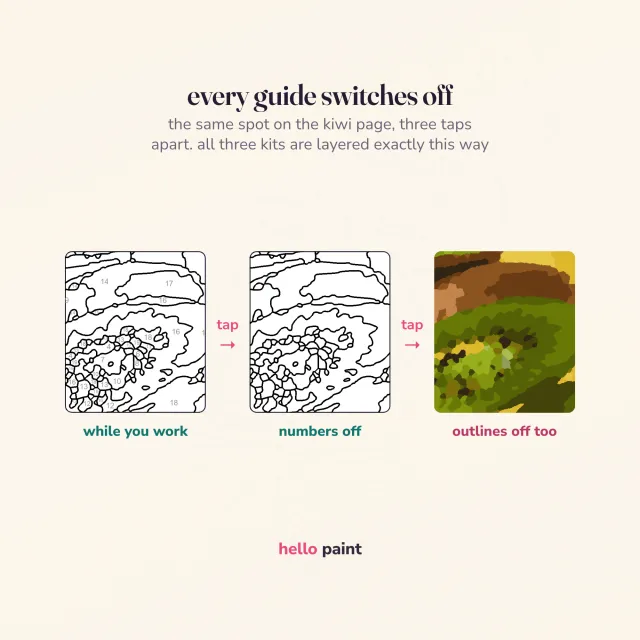 the numbers and the outlines both switch off in every fruit trio kit: the same spot on the kiwi page while you work, then with the numbers off, then with the outlines gone too