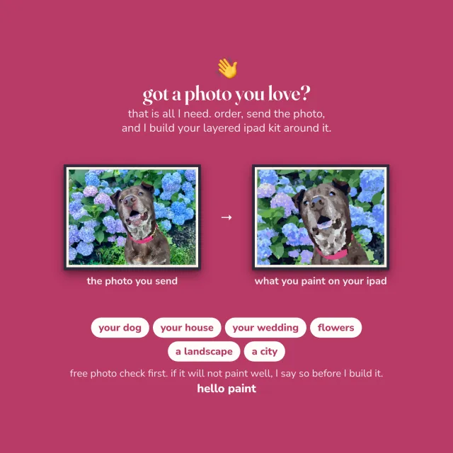 send your own photo and get a custom procreate color by number kit made exactly the way the three fruit trio kits were