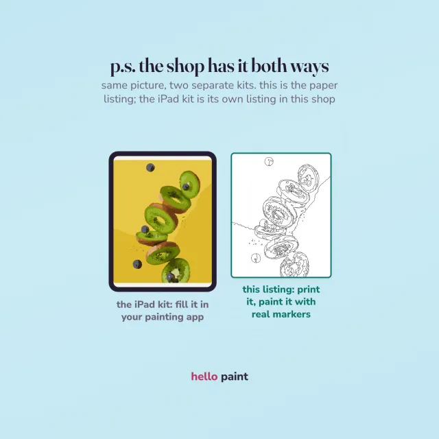 the same kiwi slices picture two ways: the procreate version on an ipad beside this printable paper kit for markers, with the paper listing marked