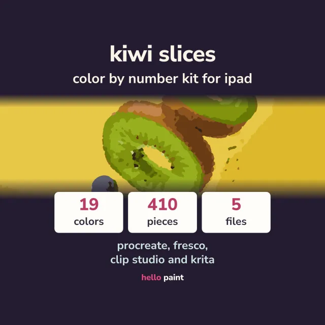 kiwi slices procreate color by number kit on an ipad: the finished digital painting, the photo behind it, and the numbered line art layer