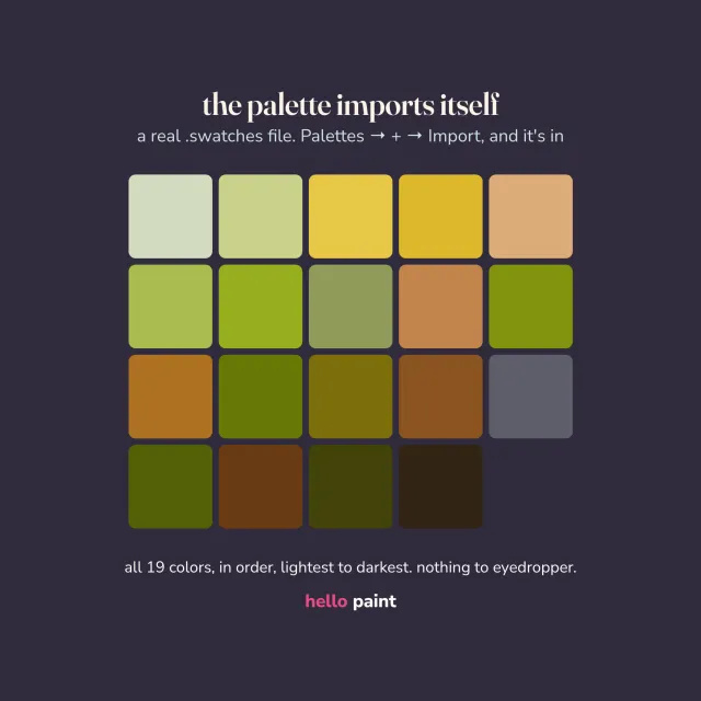 the procreate color palette that loads with the kiwi slices kit: all 19 colors in painting order, ready to tap on your ipad